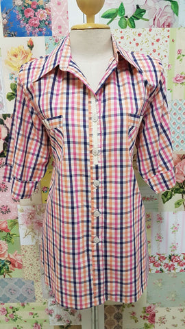 Stone, Navy & Pink Check Blouse CE0132