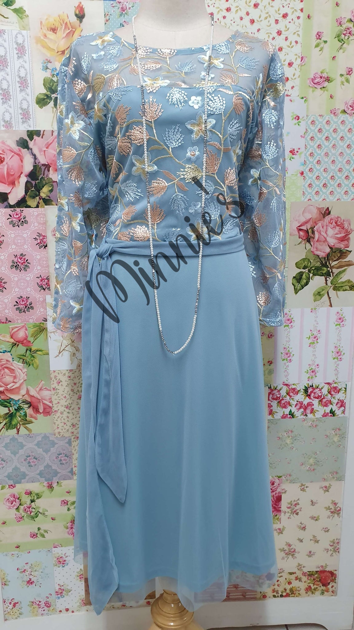 Duck Egg Blue Mesh Embroidery Dress BU0437