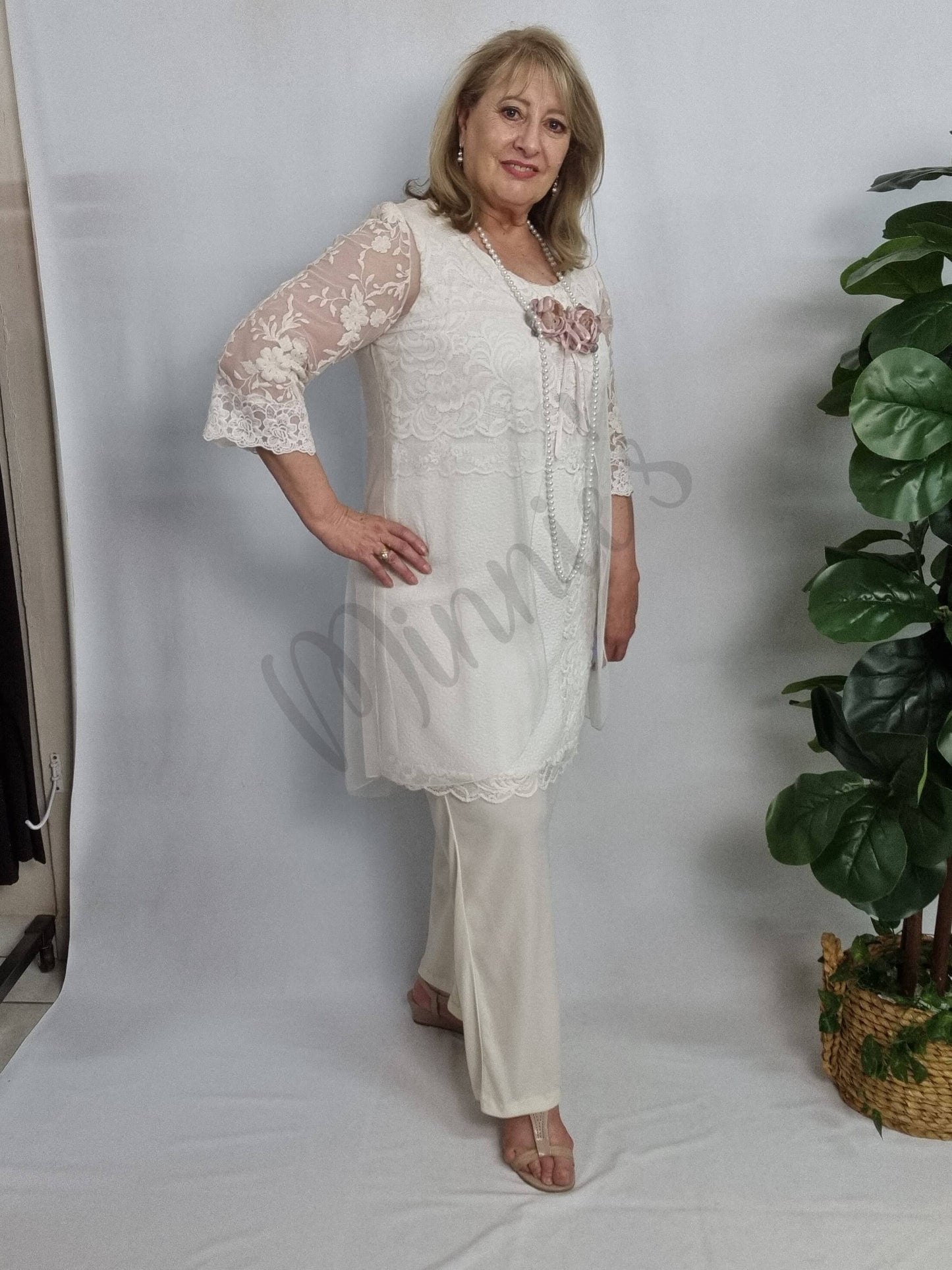 Cream Lace 2-Piece Pants Set AG025