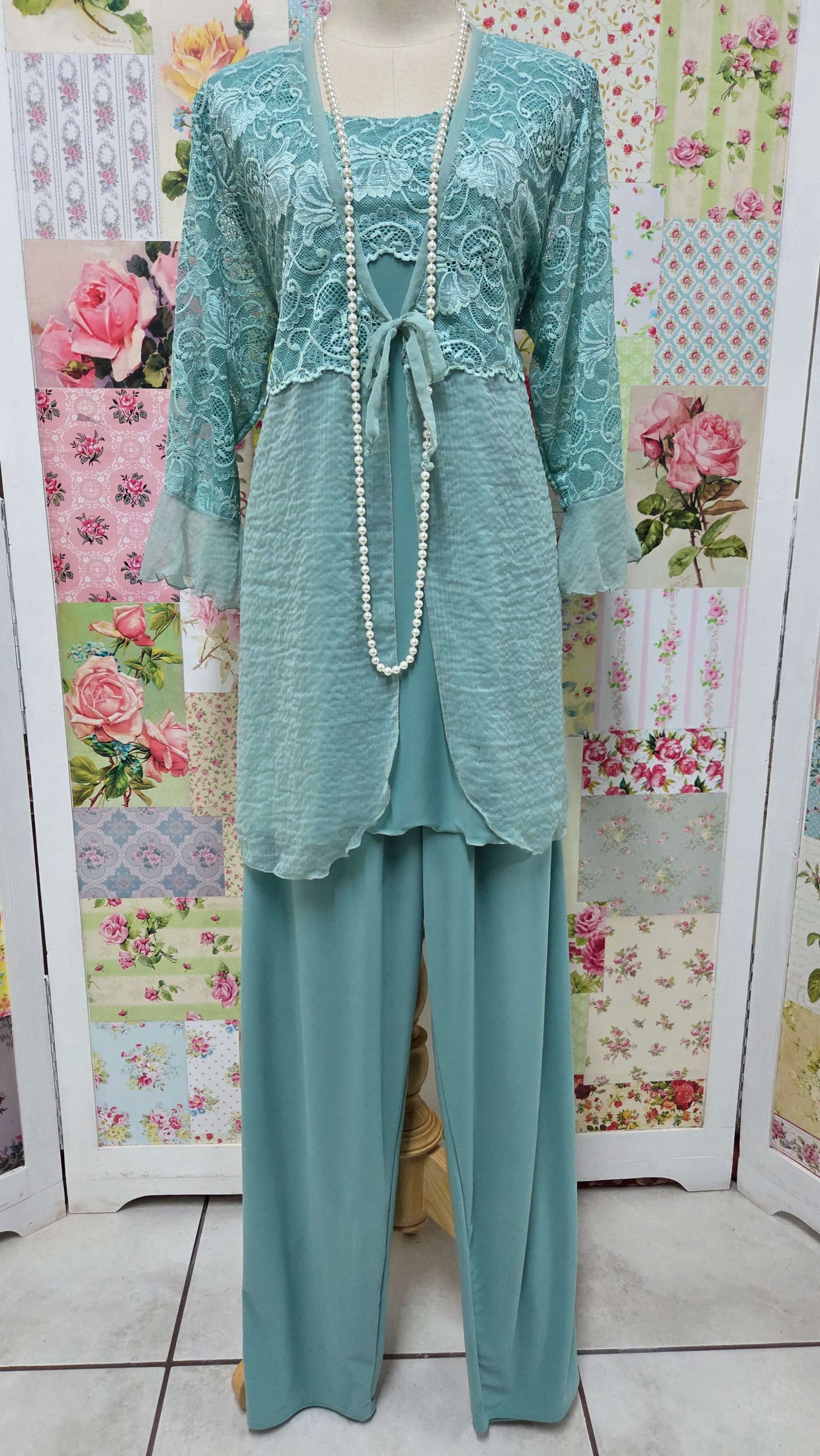 Soft aqua 3-piece pants set for mother of the bride and wedding guests, plus size formal wear South Africa

