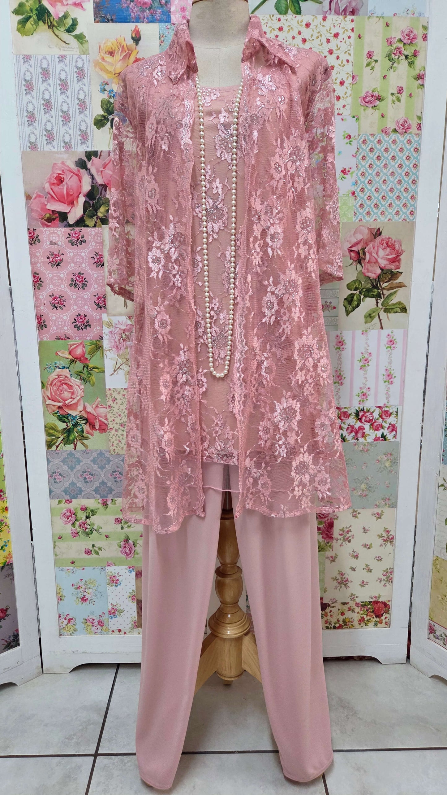 Dusty Pink Lace 3-Piece Pants Set AG04
