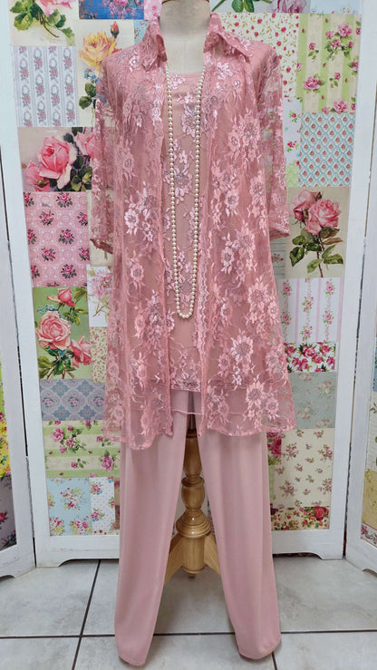 Dusty Pink Lace 3-Piece Pants Set AG04