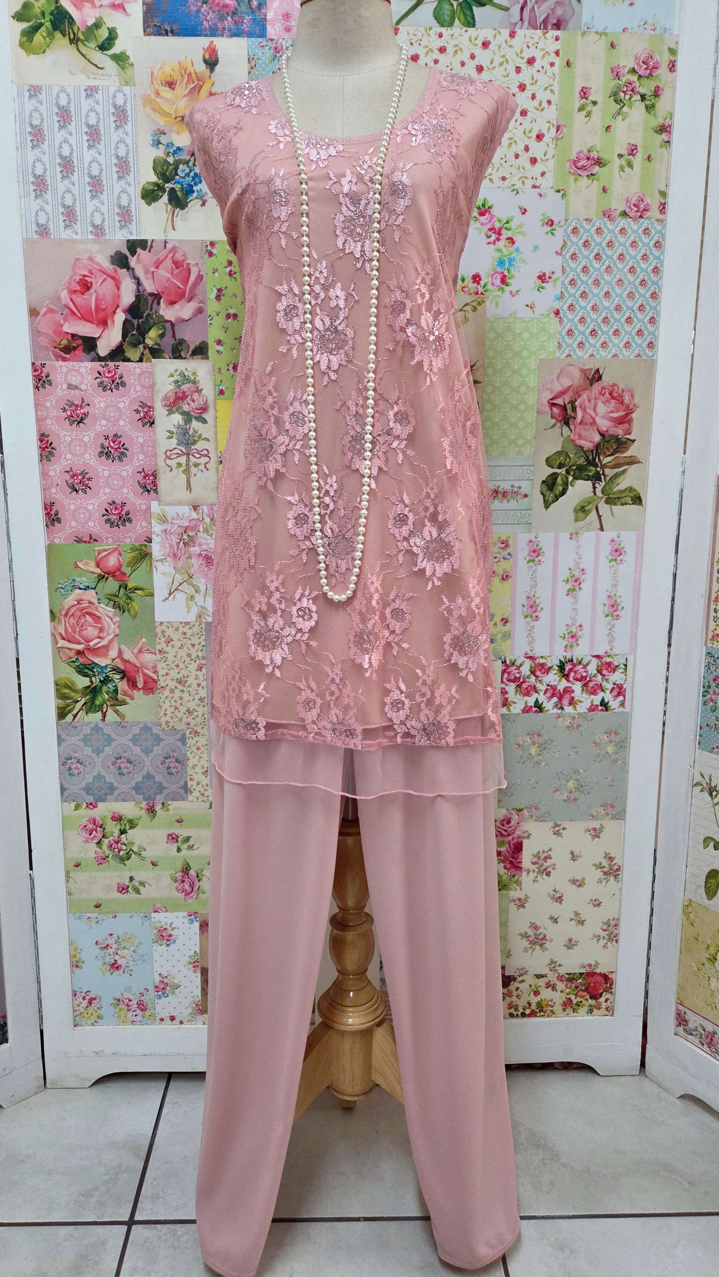 Dusty Pink Lace 3-Piece Pants Set AG04