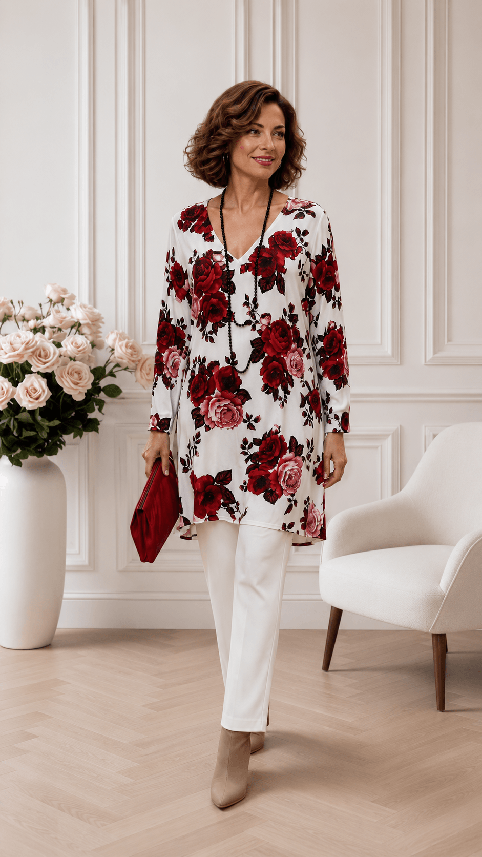 White & Red Printed Top SH007