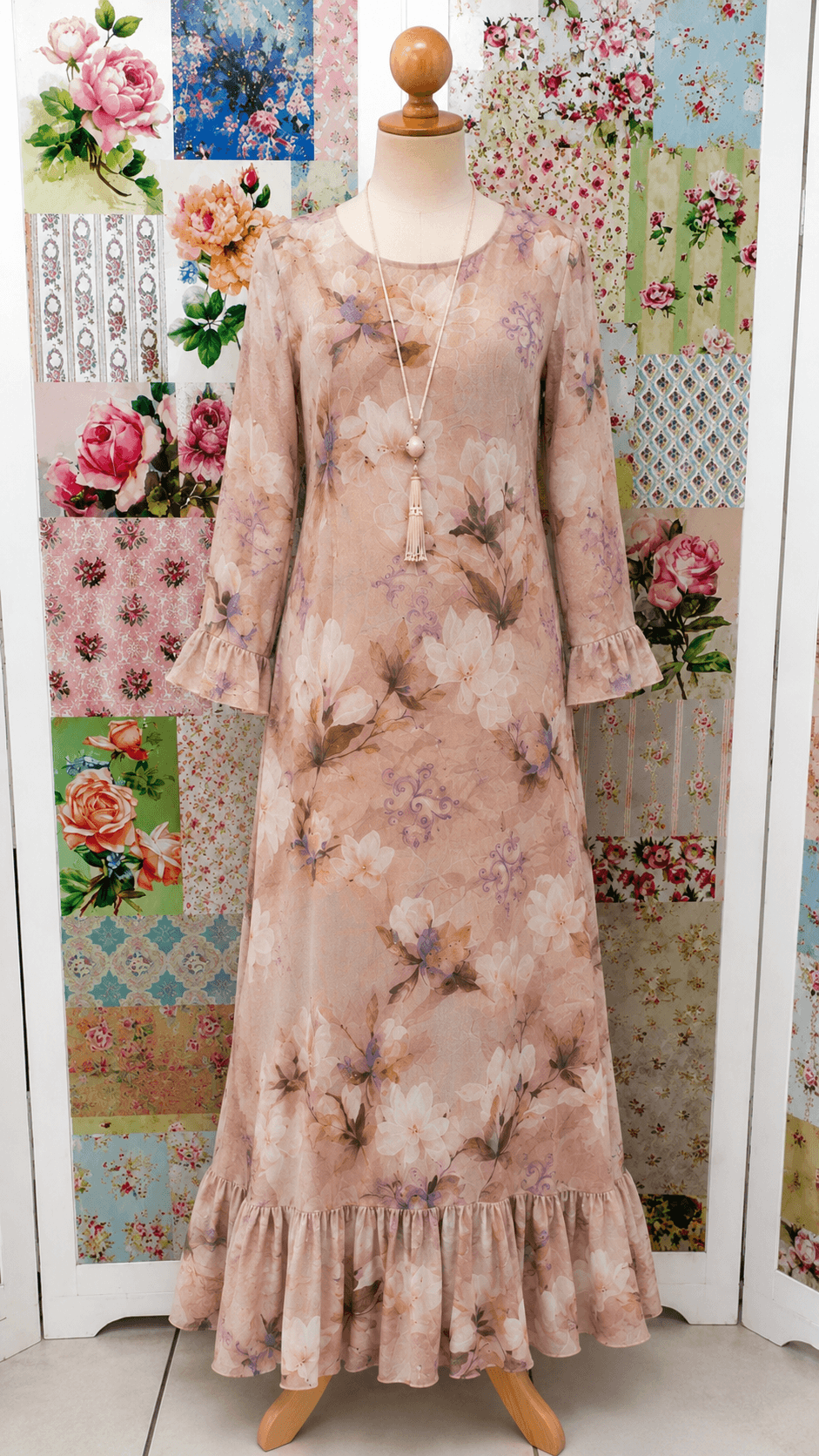 Cream & Brown Printed Dress Set PG0276