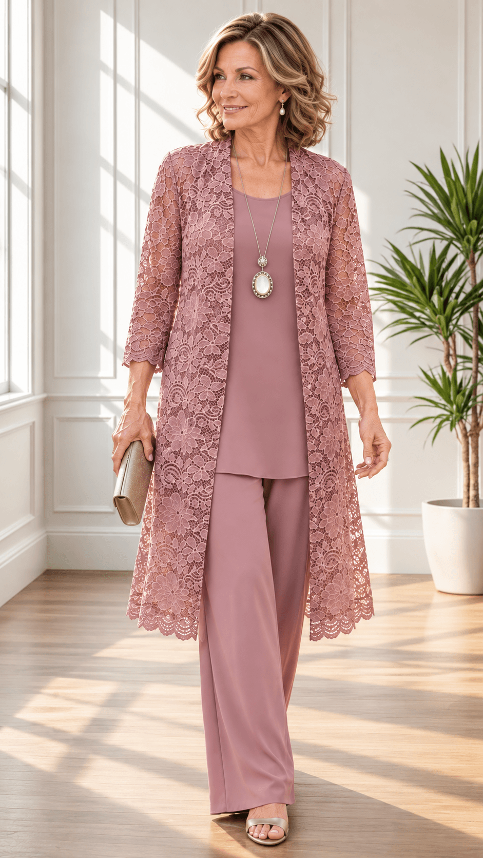 Dusty Pink Lace 3-Piece Pants Set LR0327