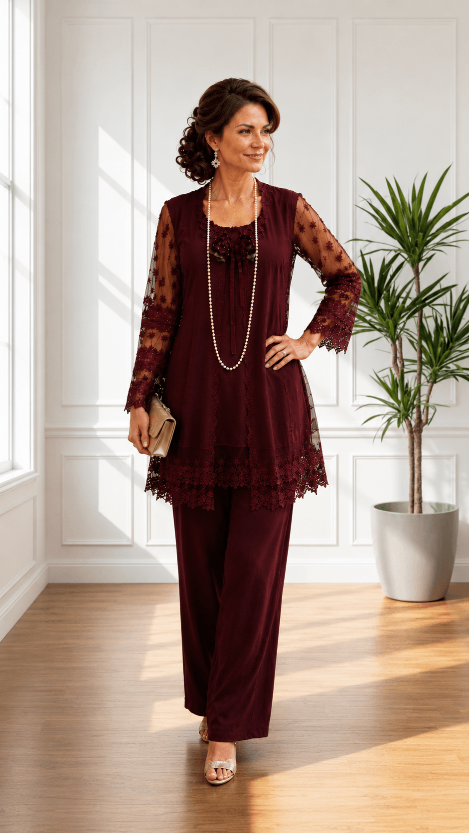 Burgundy Lace 4-Piece Pants Set ML012