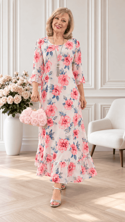 White & Pink Flower Printed Dress LR0345