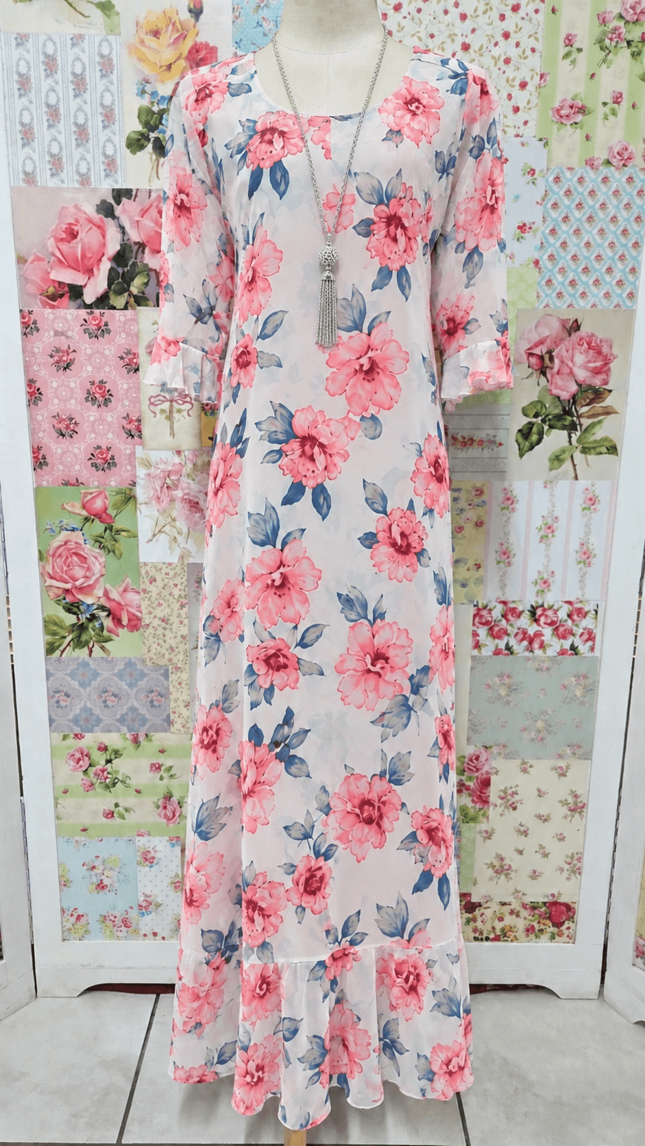 White & Pink Flower Printed Dress LR0345