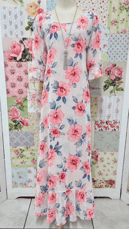 White & Pink Flower Printed Dress LR0345