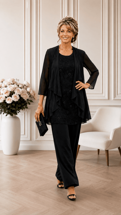 Black Lace 3-Piece Pants Set LR0662