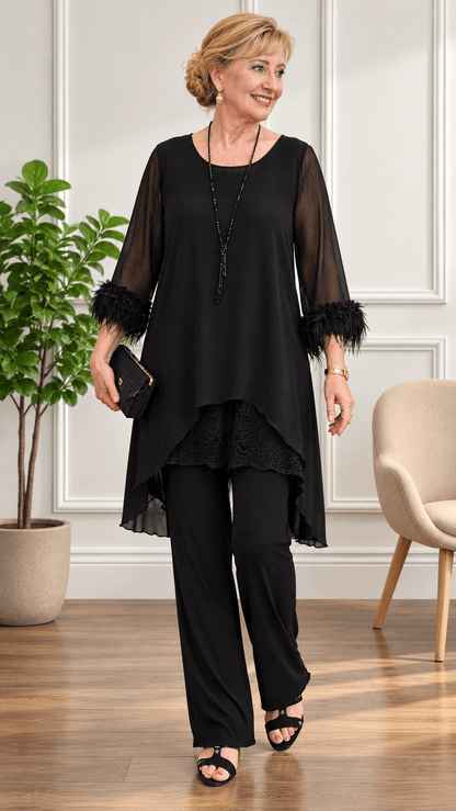 Black Chiffon 3-Piece Pants Set LR0610