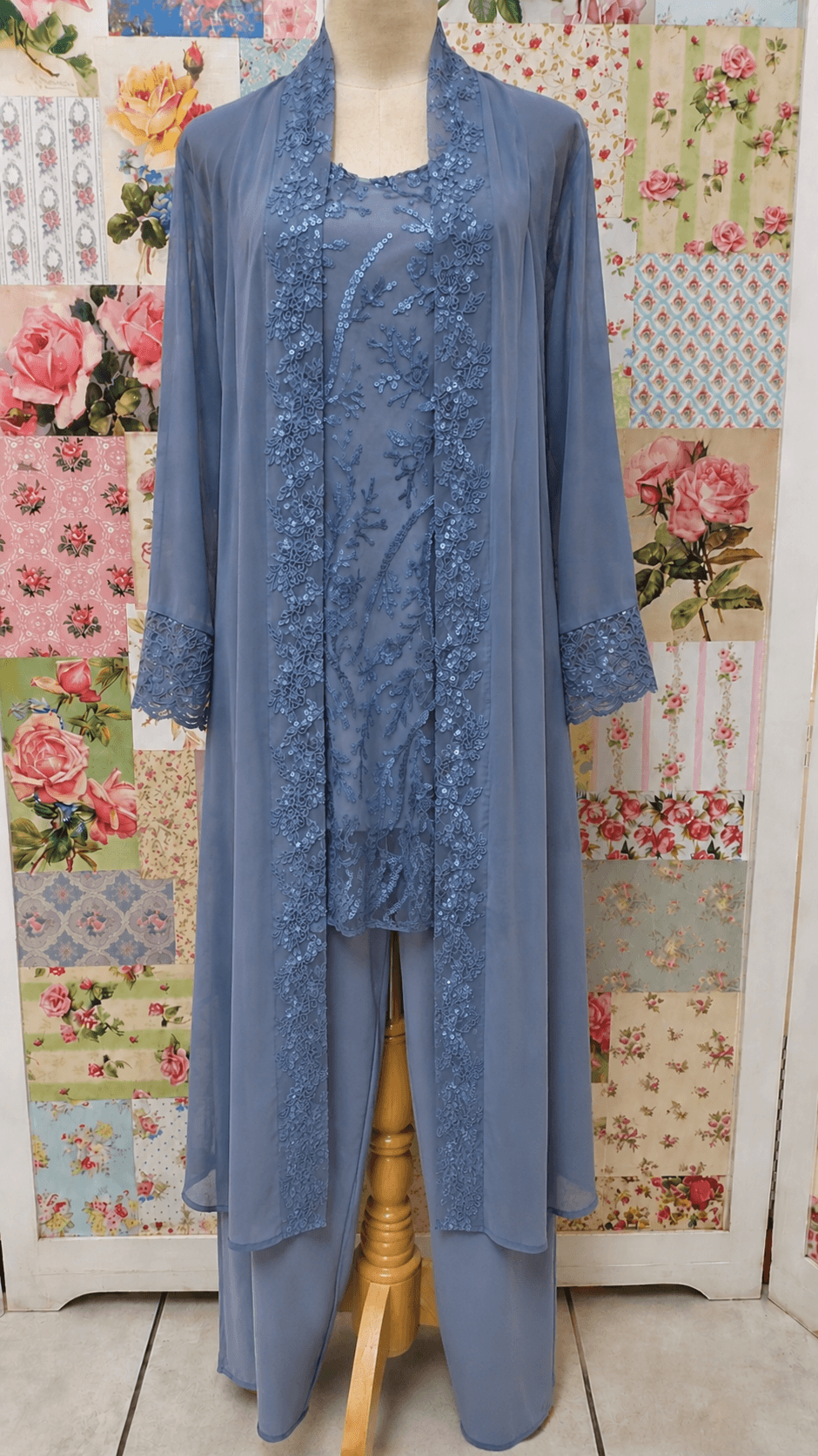 Dusty blue mesh jacket and pants 3-piece set for mother of the bride, plus size formal wear South Africa