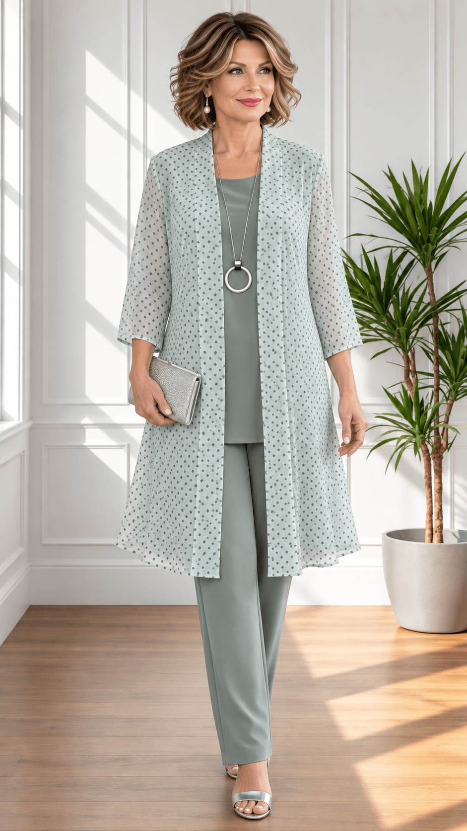 Sage Green Polka Dot 3-Piece Pants Set LR0414