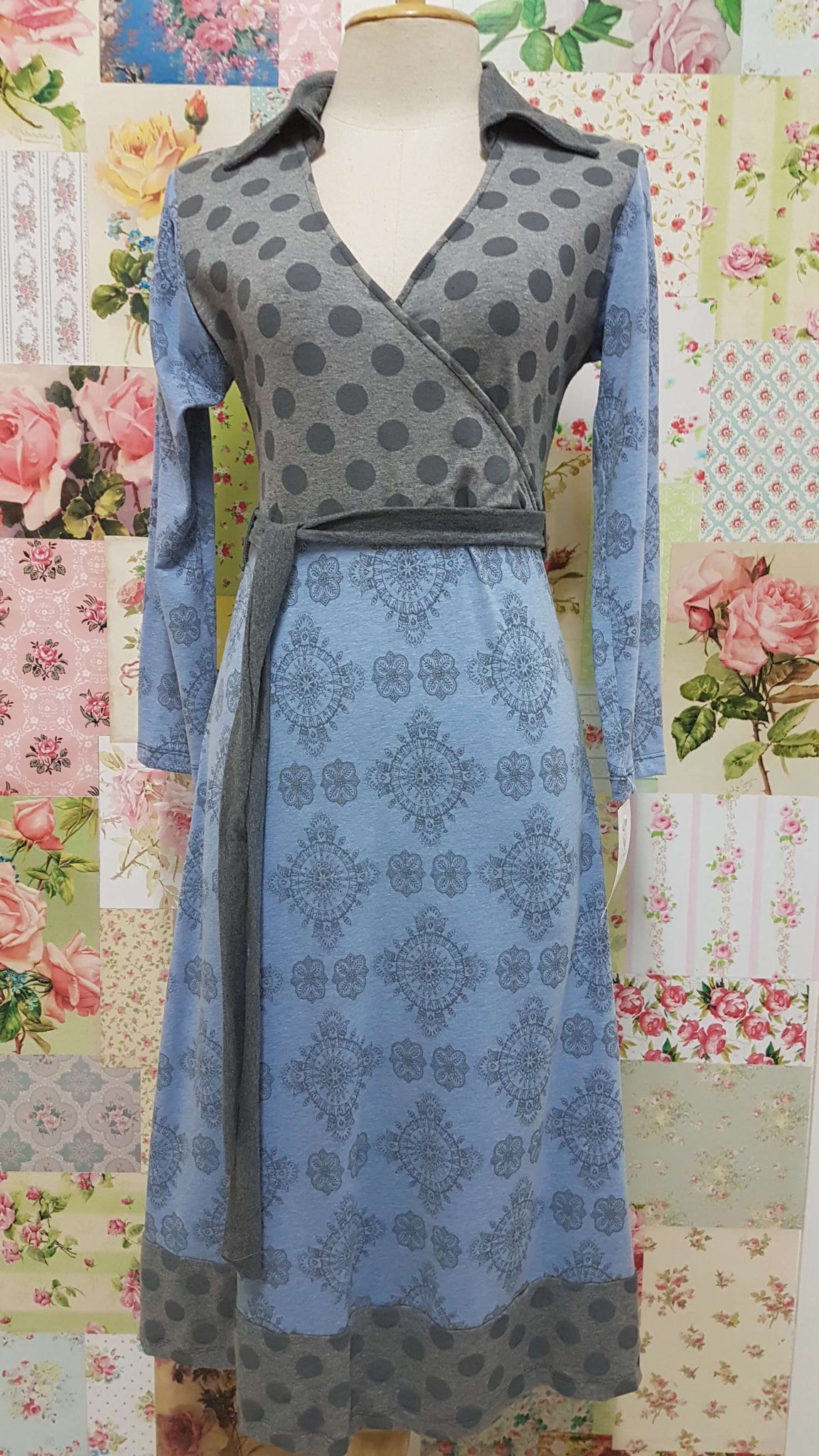 Grey & Blue Printed Dress PD009