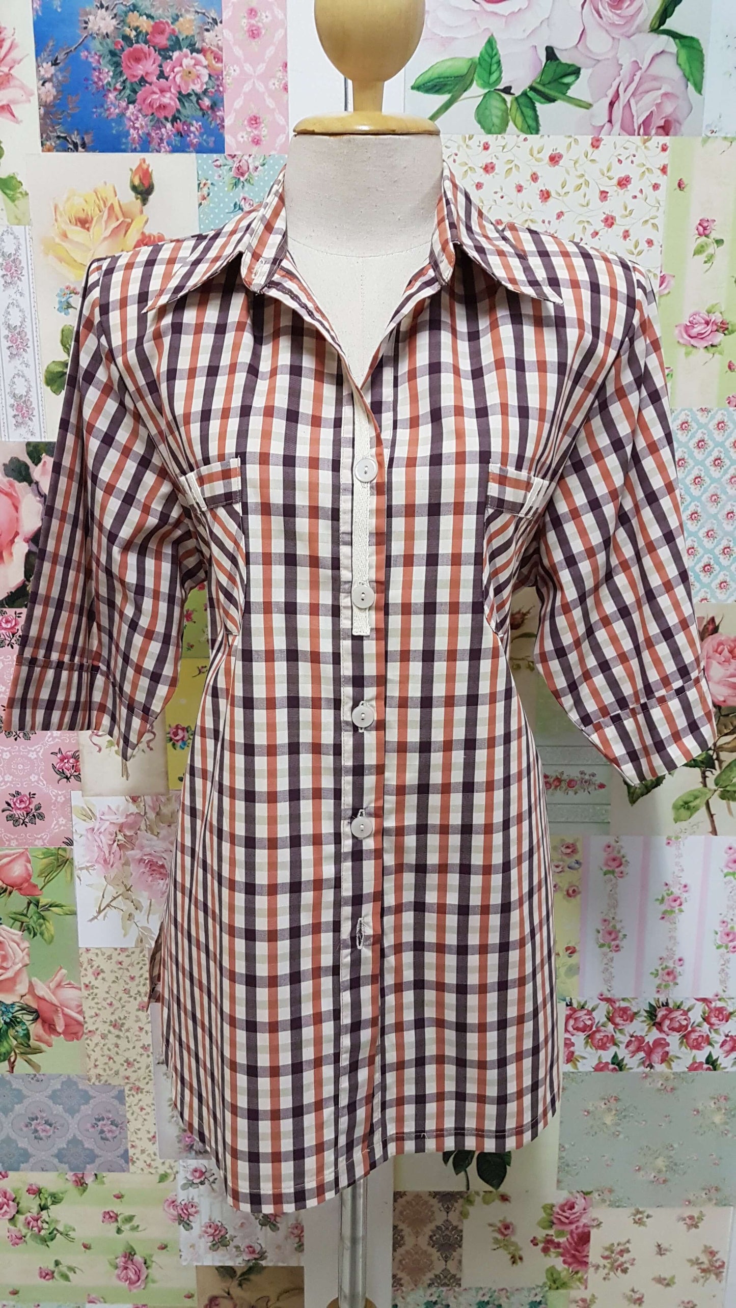 Stone, Rust & Chocolate Brown Check Blouse CE0128