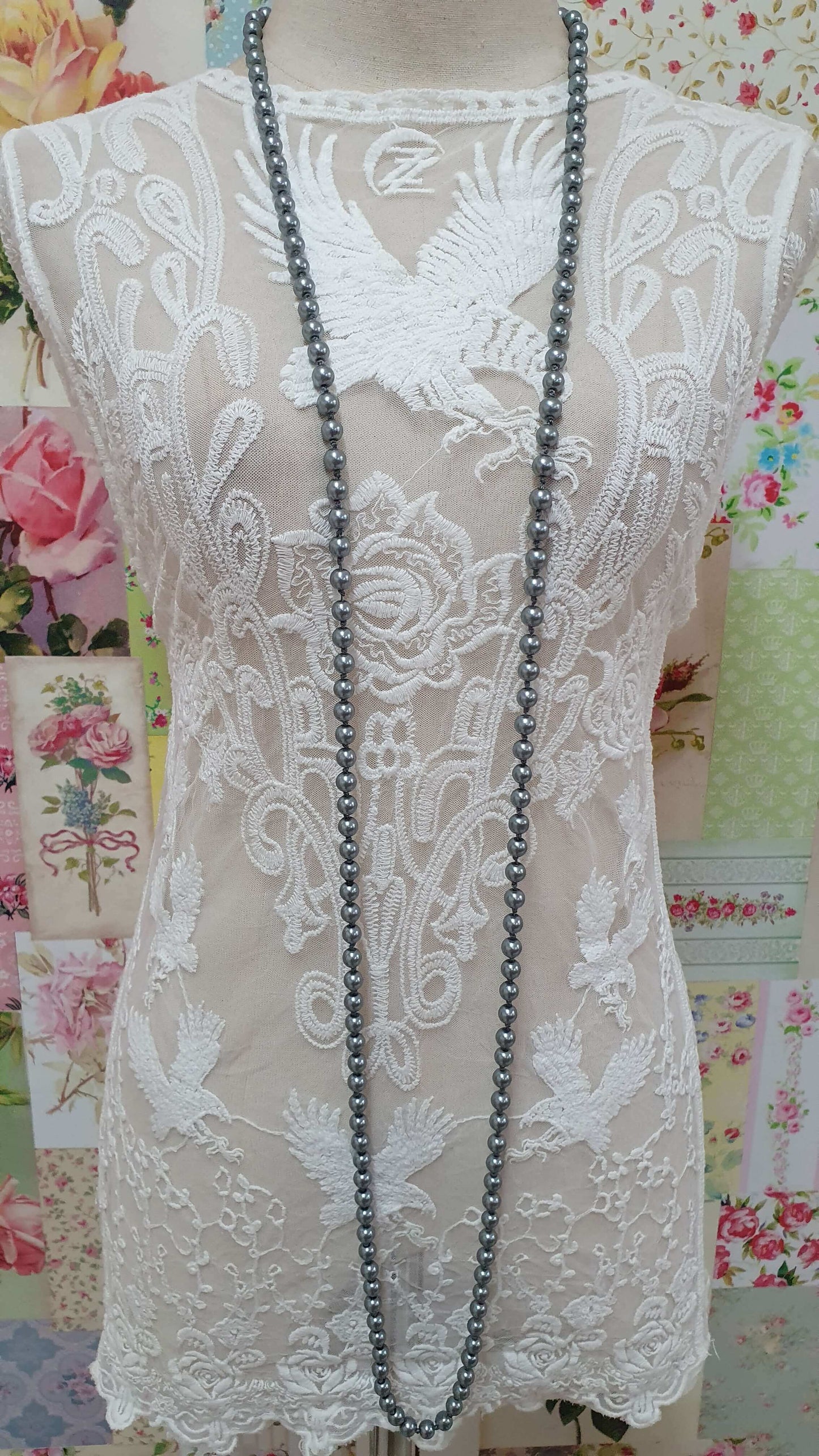 Silver Grey Pearl Beads Necklace JU004